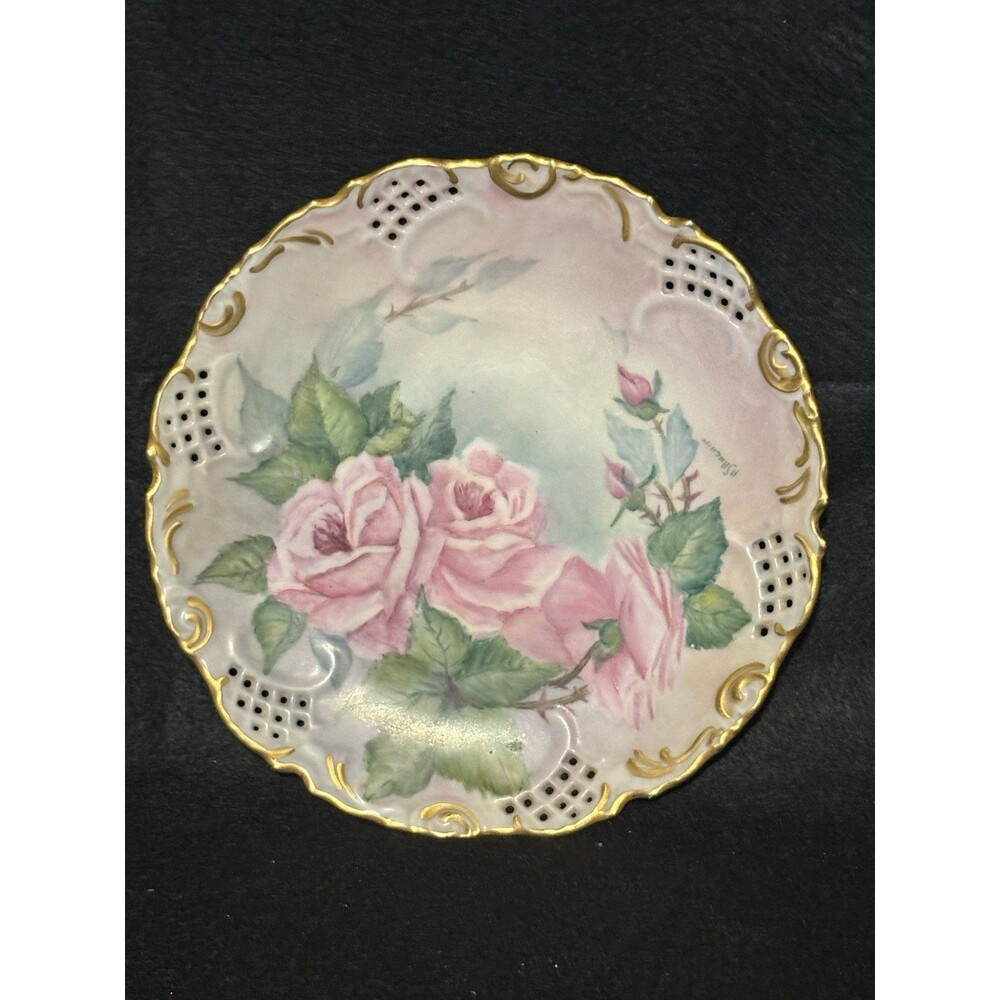 8.25” Vintage Ceramic Hand Painted Flowers Collector Plate Artist Signed